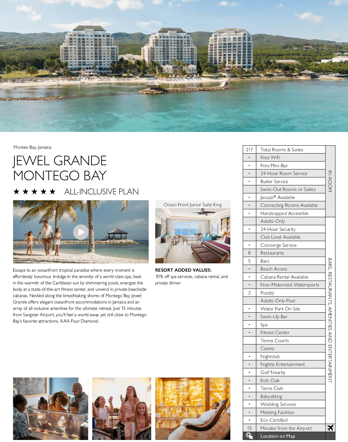 A brochure for the Jewel Grande Montego Bay Resort & Spa, featuring a map of the resort and its amenities. AI generated content