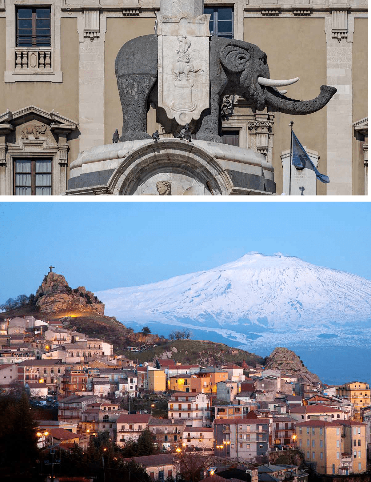A stone elephant statue with a shield stands in front of a historic building above a town with colorful buildings and a snow-capped mountain in the background. Description generated by AI