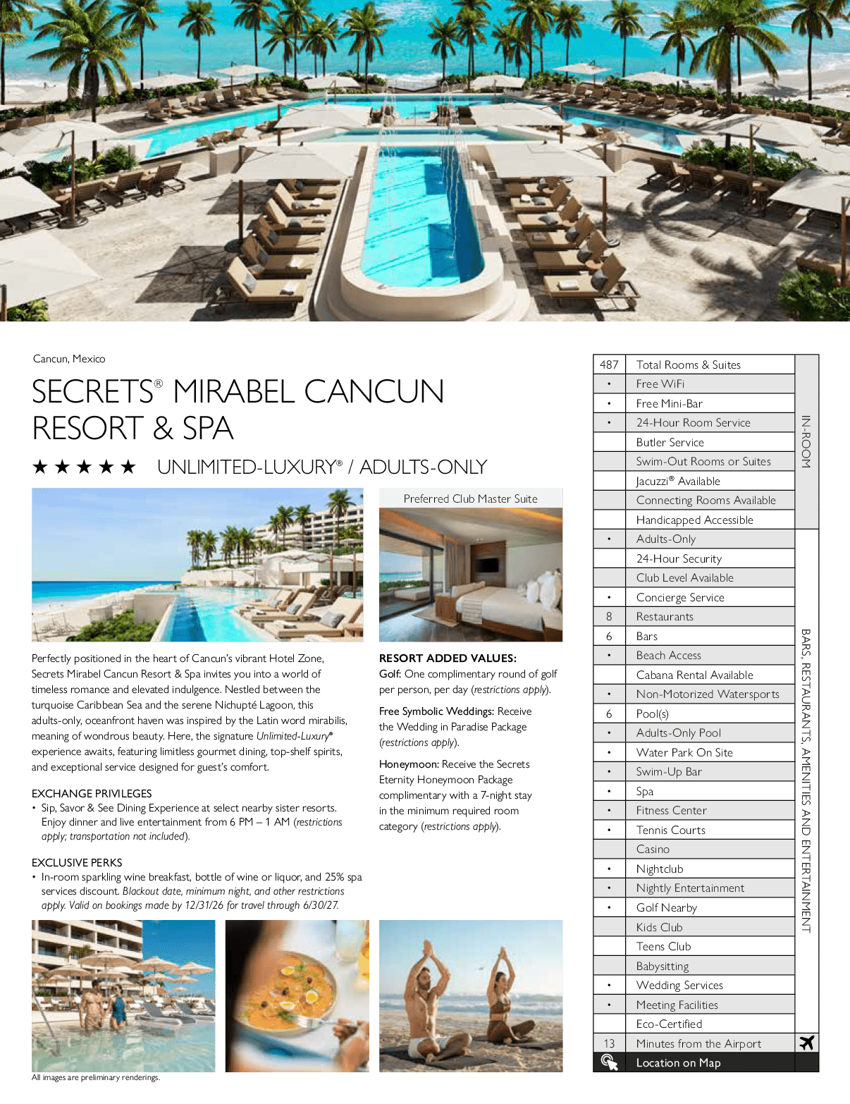 A brochure for the Mirabel Cancun Resort & Spa features a photo of a pool and palm trees. AI generated content