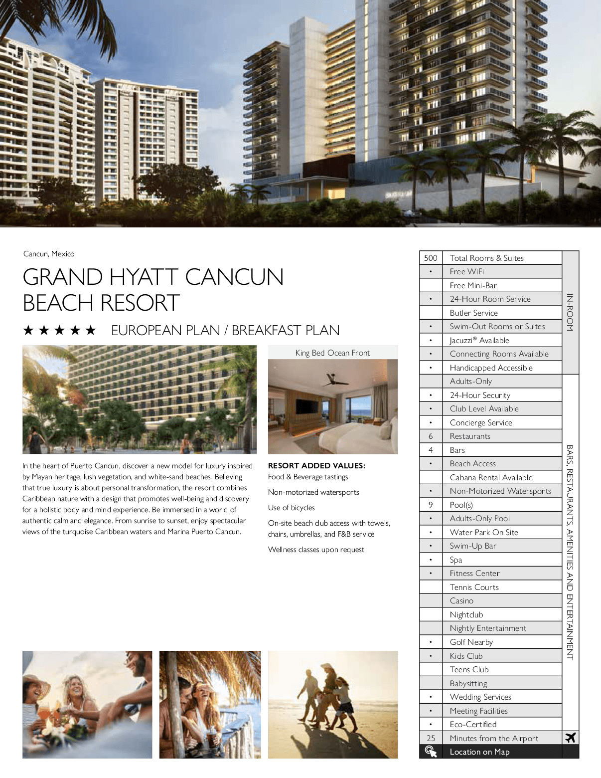 A brochure for the Grand Hyatt Cancun Beach Resort shows a photo of the resort and a map of the area. AI generated content