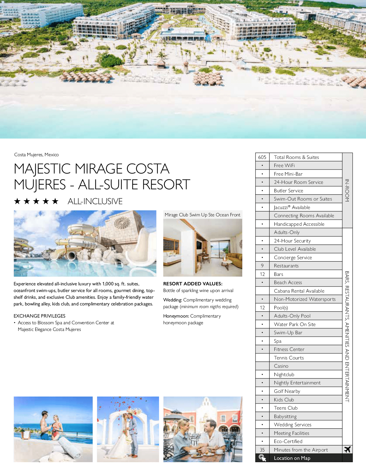Aerial view of a large beachfront all-suite resort with multiple buildings, a pool, beach umbrellas, and clear turquoise water, accompanied by smaller photos showing adults enjoying luxury amenities and wedding celebrations. Description generated by AI