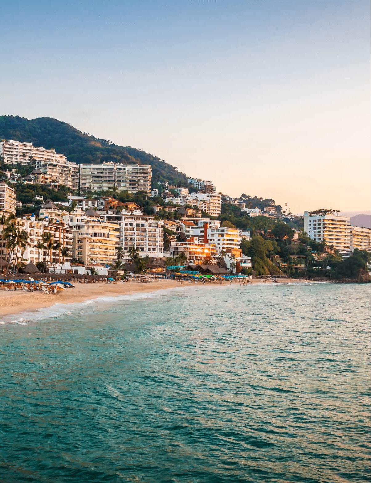 A beach scene with a city in the background. AI generated content