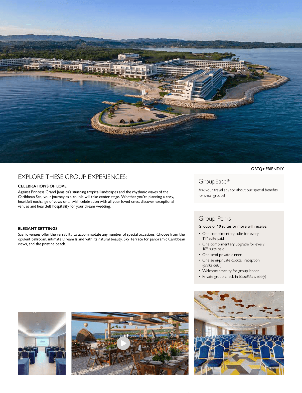 A brochure for a hotel with a picture of a beach and ocean. Description generated by AI