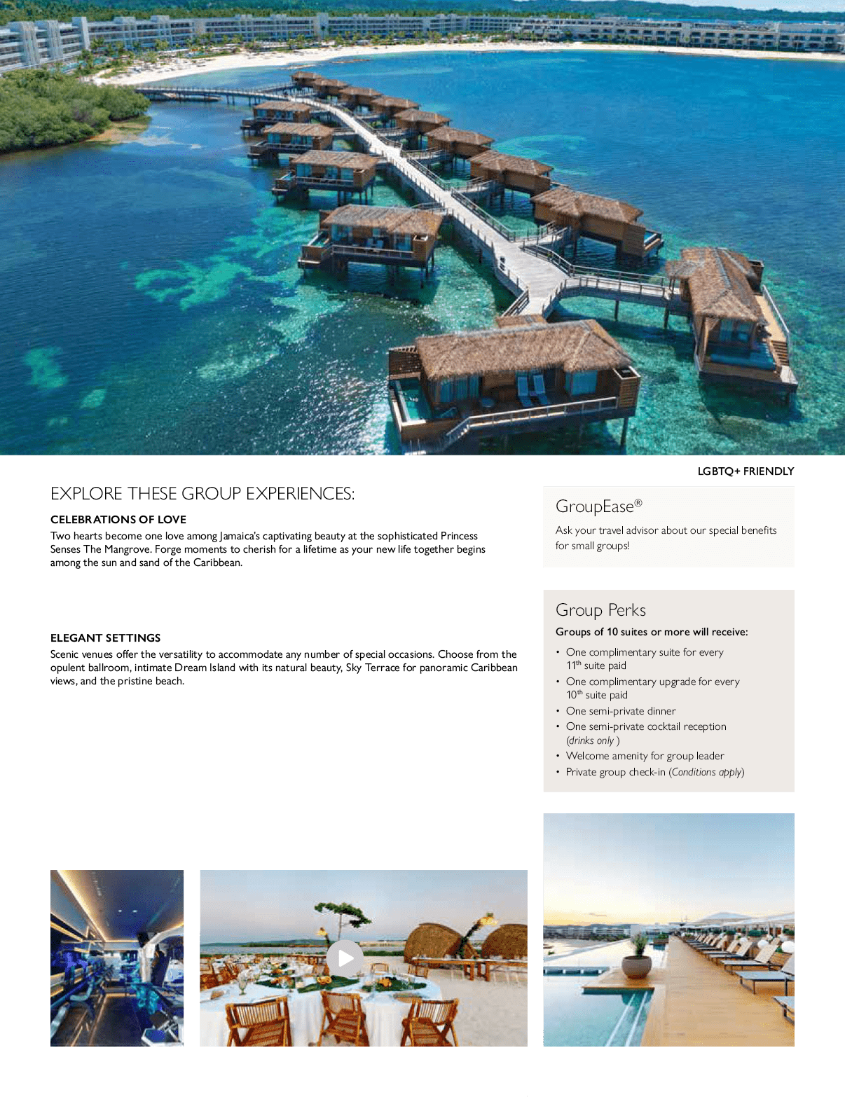 A page of a brochure for a resort with a beach and water. Description generated by AI