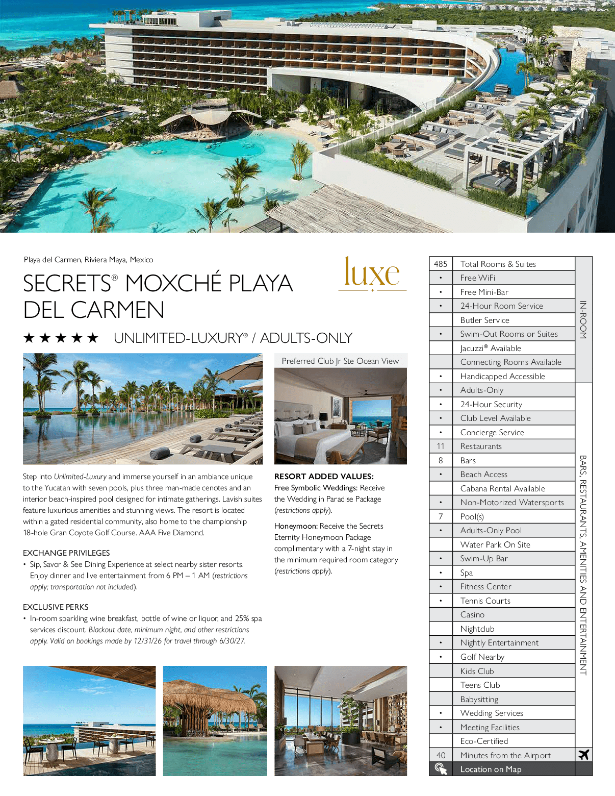 A brochure for a hotel with a picture of a pool on it. Description generated by AI