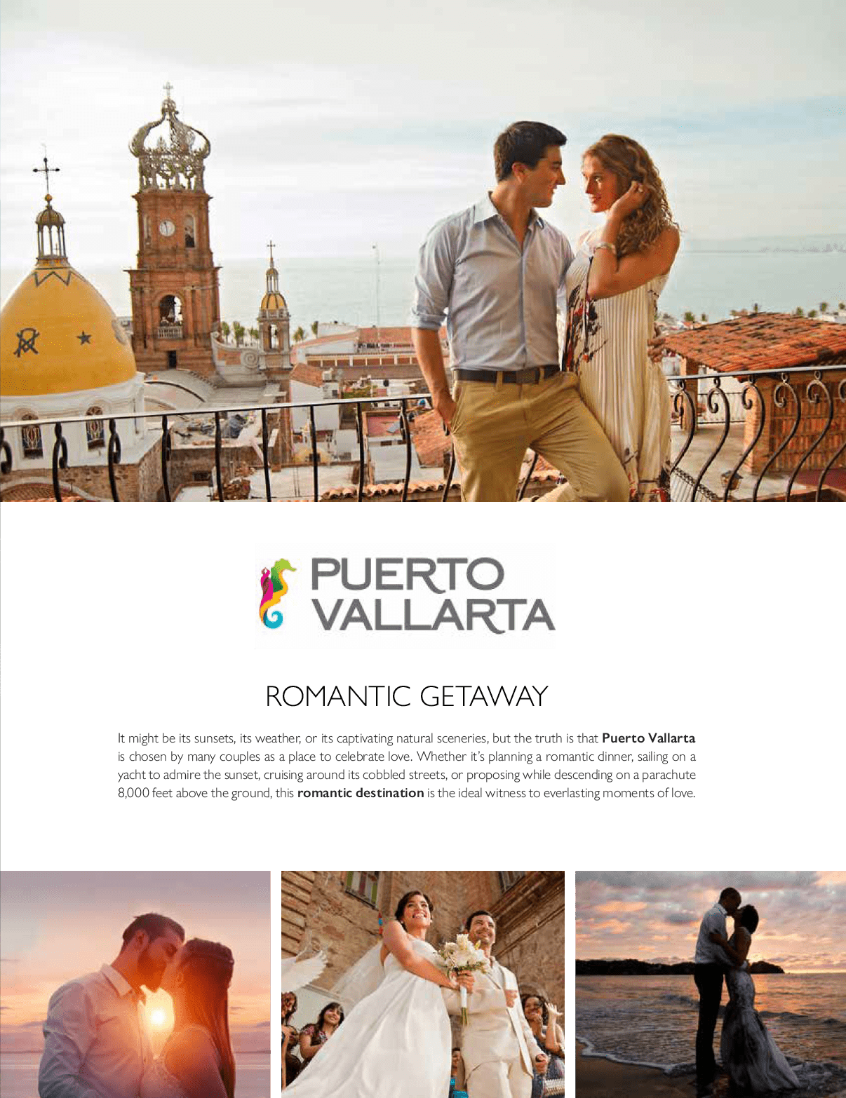 Two adults dressed in casual and formal attire share romantic moments in various scenic outdoor locations including a rooftop with a city view, a wedding ceremony, and a beach at sunset. Description generated by AI